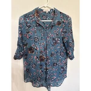 Eden & Olivia M Blue Floral Button Front Blouse Roll Tab Sleeve Boho